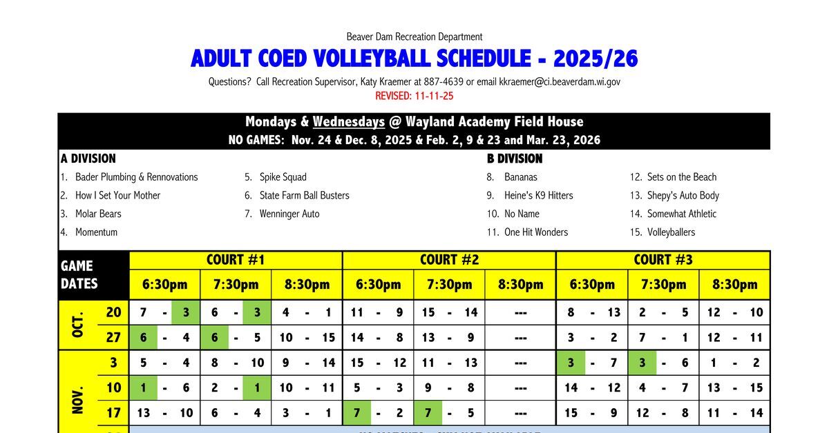 Adult Volleyball Schedule