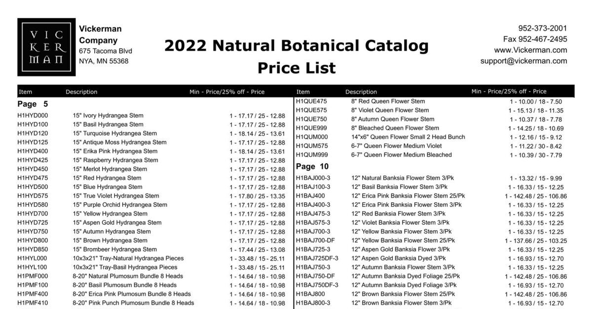 2022 Natural Botanicals Price List