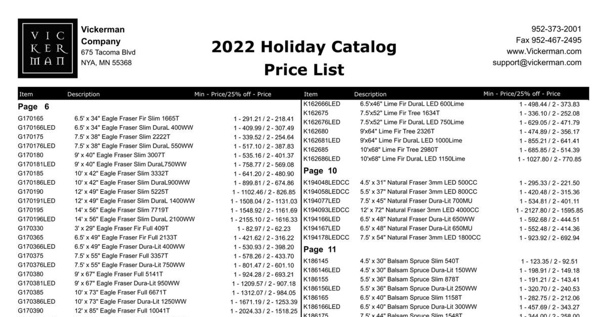 2022 Holiday Price List